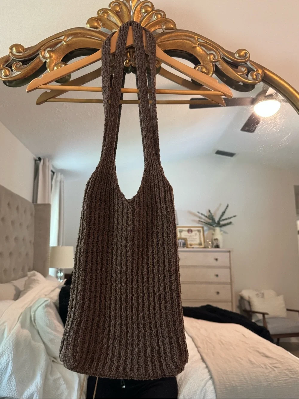 Hand-Knit Brown Crochet Tote Bag - Casual Everyday Shoulder Bag